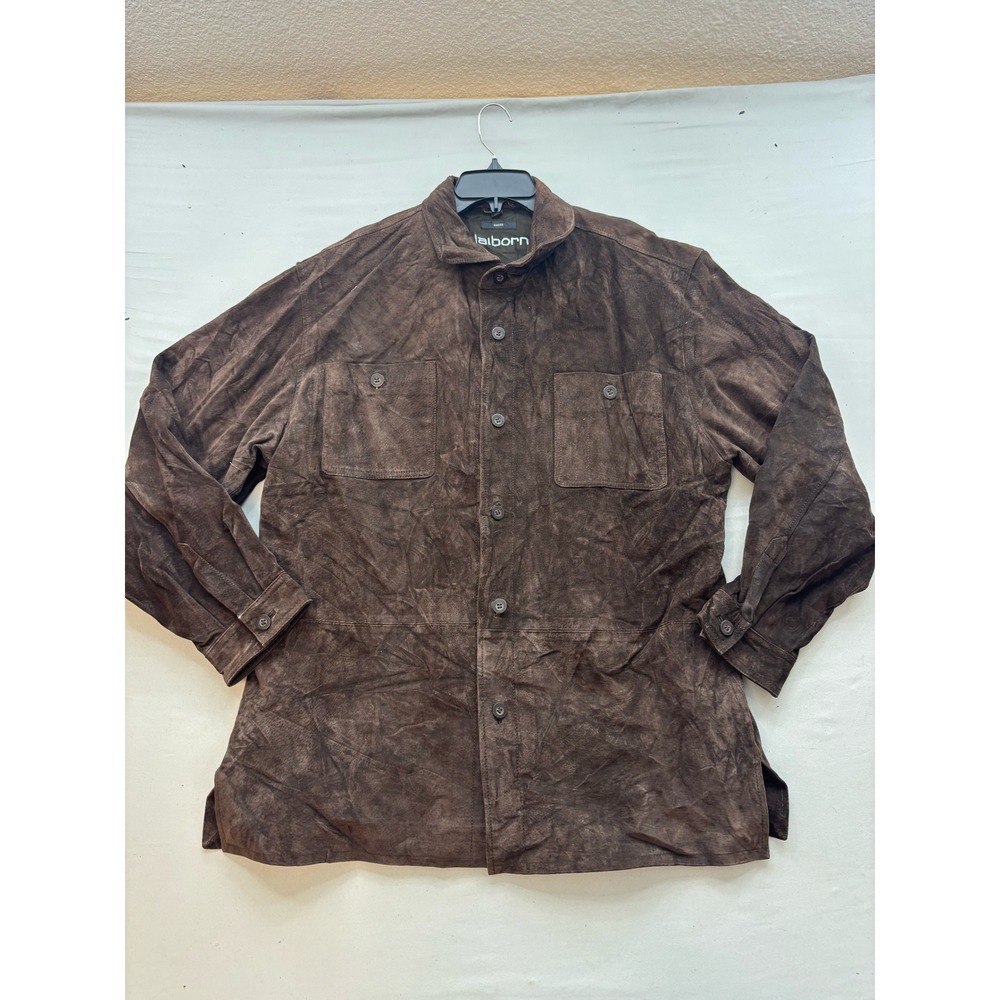 Claiborne Mens Brown Suede Leather Shirt Jacket XL Button Front Overshirt